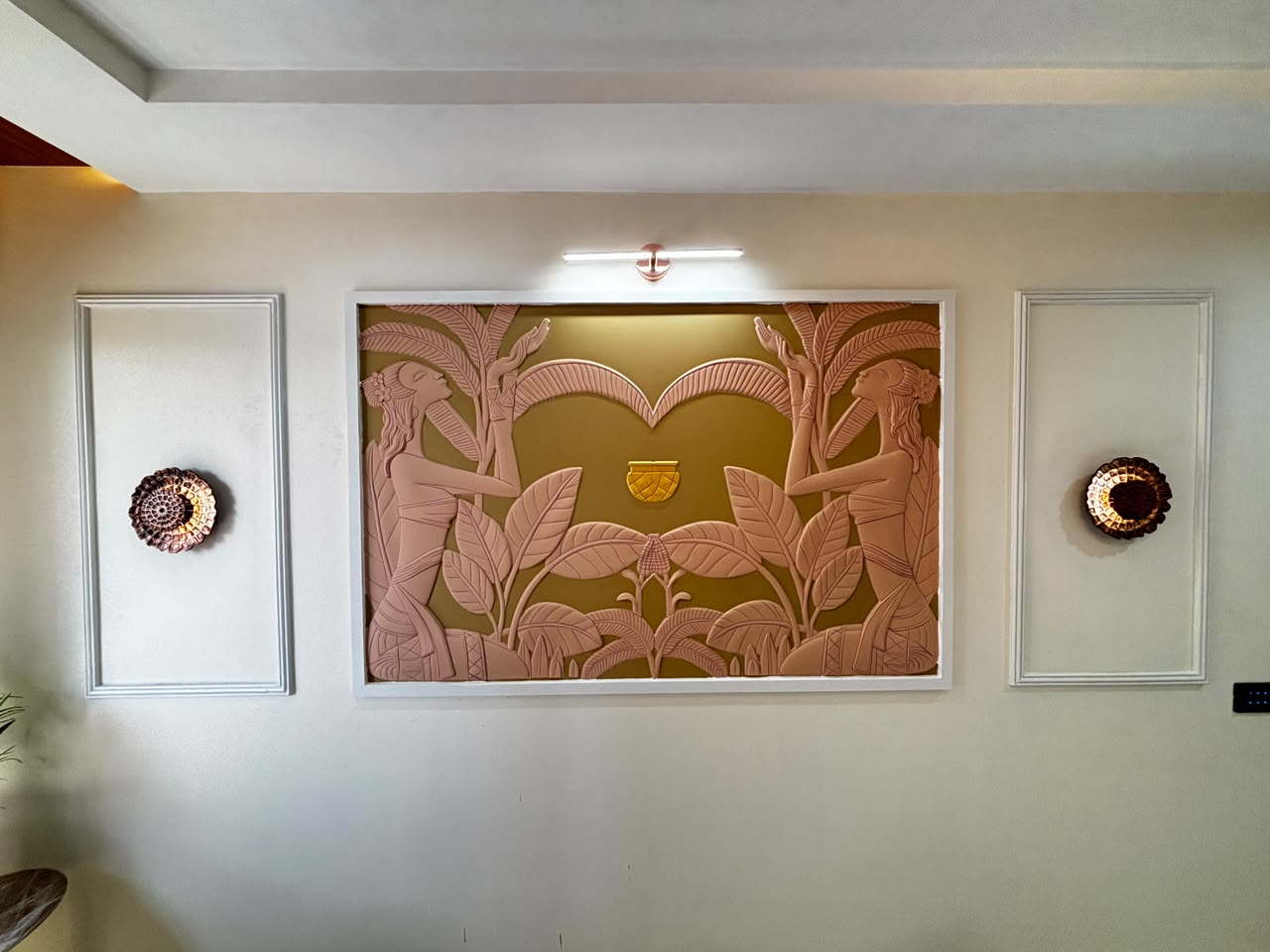 Custom 3D wall mural installation with tropical relief panels
