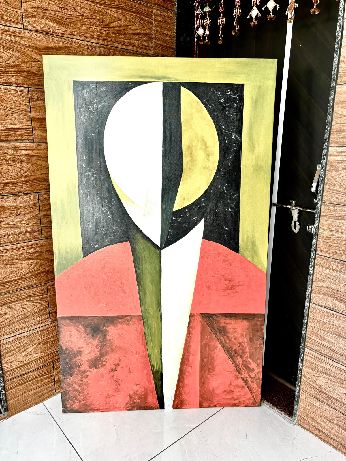 Large abstract geometric canvas painting in terracotta, lime and gold tones, 3 by 5 feet