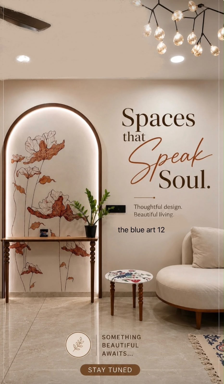 Arched floral wall mural with backlit niche, console table and warm interior design by Nisha Art